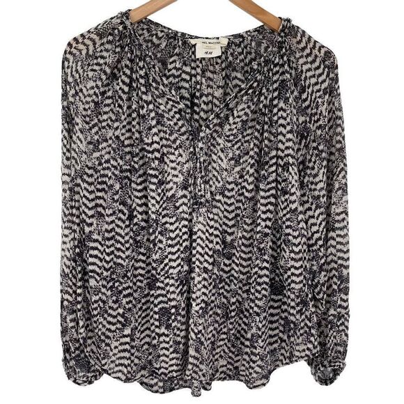 Isabel Marant Pour H&M 100% Silk Sheer Balloon Sleeve Blouse Black Ivory Women 2 - Picture 4 of 9